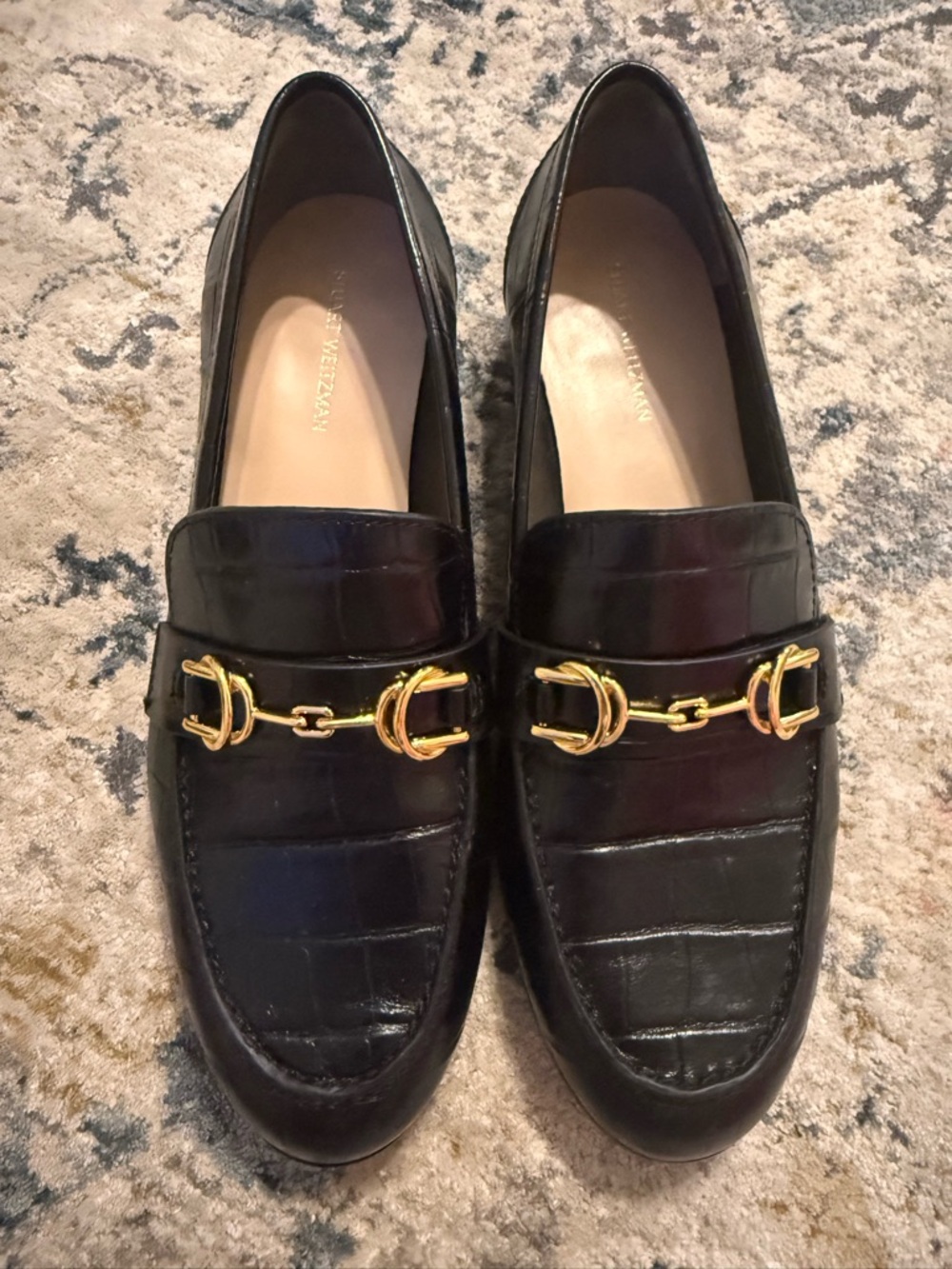 Stuart Weitzman‎ Owen Black Croc Embossed Horsebit Loafers Leather Flats 38.5 8